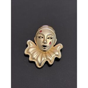 Vintage Gold-Tone Pierrot Clown Brooch with Red Enamel Star Brooch Pin